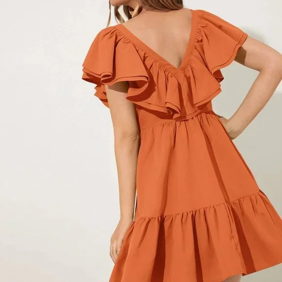 Orange Boho Womens Two Layered Trim Ruffle Hem Dress - Picture 3 of 5